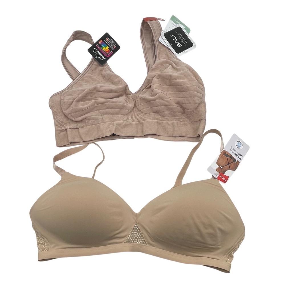 Bali Hanes Wireless Bra Bundle Nude Tan Seamless Comfort Size Medium NWT